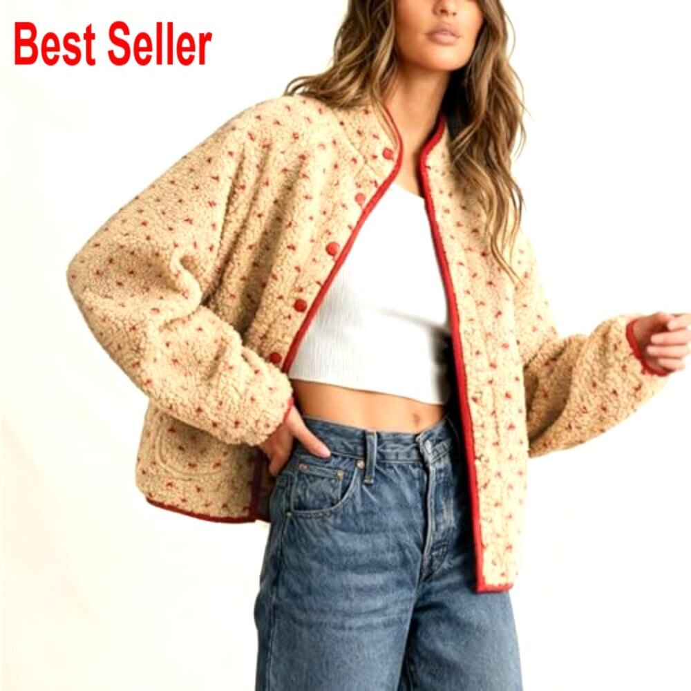Oversized Sherpa Puffer Jacket Button Down High Neck Polka Dot Cozy Quilted - Picture 3 of 7